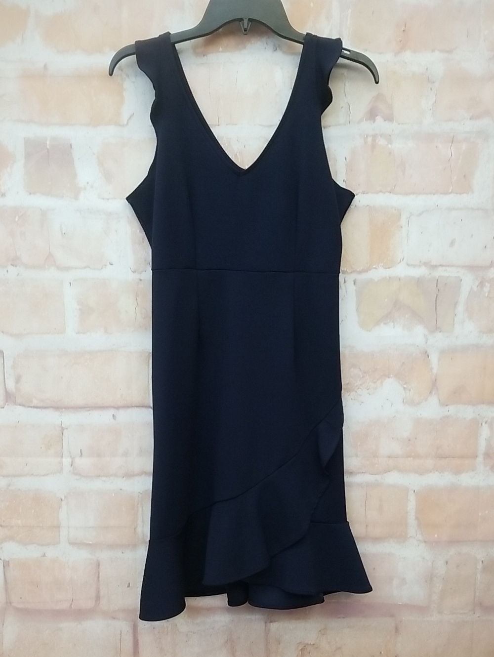 The Vanity Room Women's Navy V-Neck Ruffle Hem Dress Size S